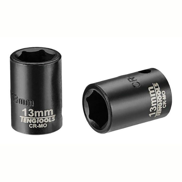 Black Teng Tools 3/8" Impact Socket with engraving of tool details on the side, bare tool on a white background