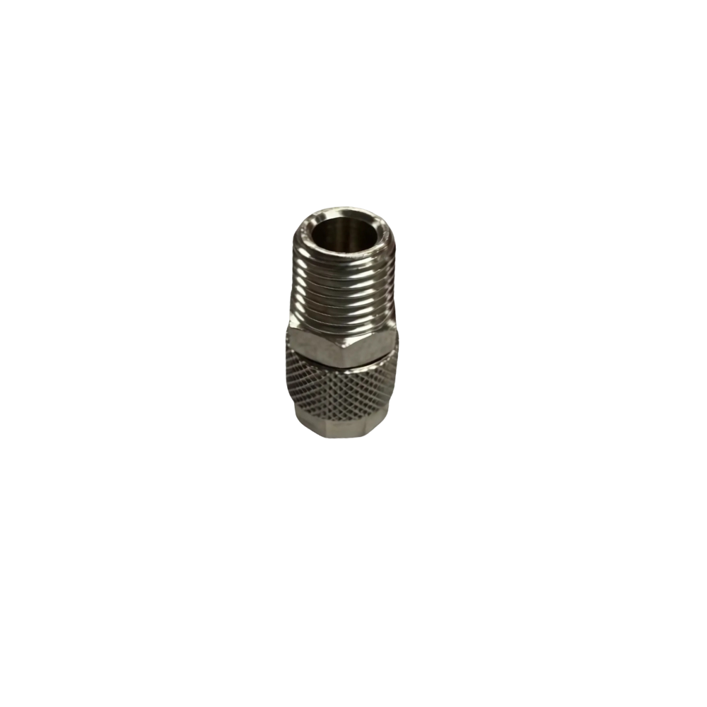 Silver Nickel Male Threaded Adaptor Fitting on a white background