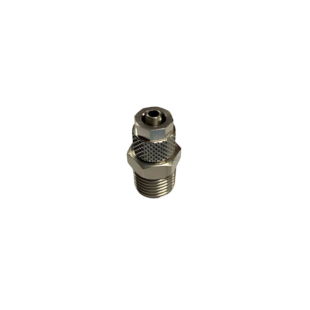 Silver Nickel Male Threaded Adaptor Fitting on a white background