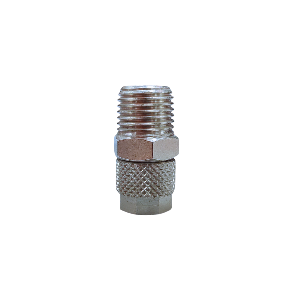 Silver Nickel Male Threaded Adaptor Fitting on a white background