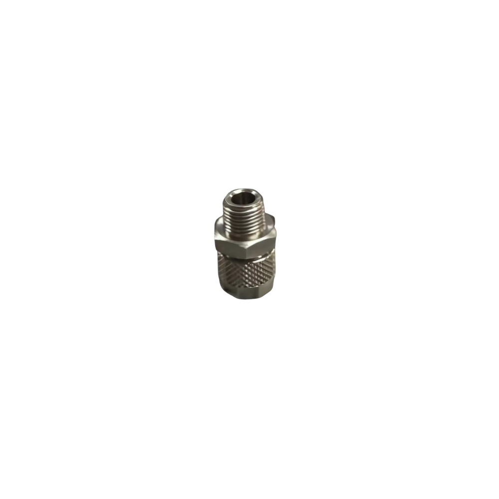 Silver Nickel Male Threaded Adaptor Fitting on a white background
