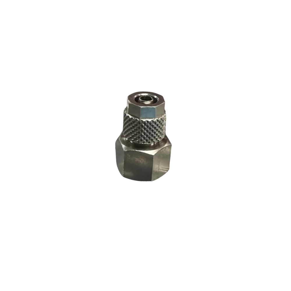 Silver Nickel Female Threaded Adaptor Fitting on a white background