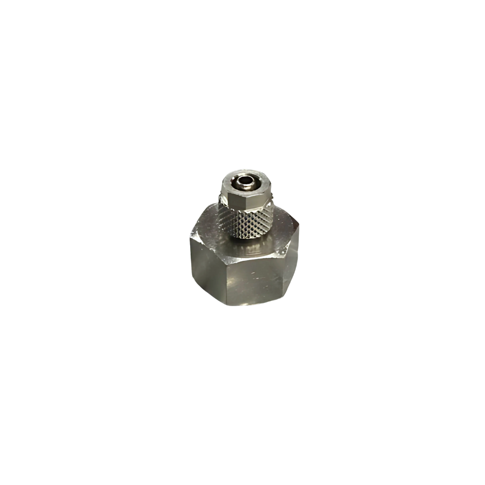 Silver Nickel Female Threaded Adaptor Fitting on a white background