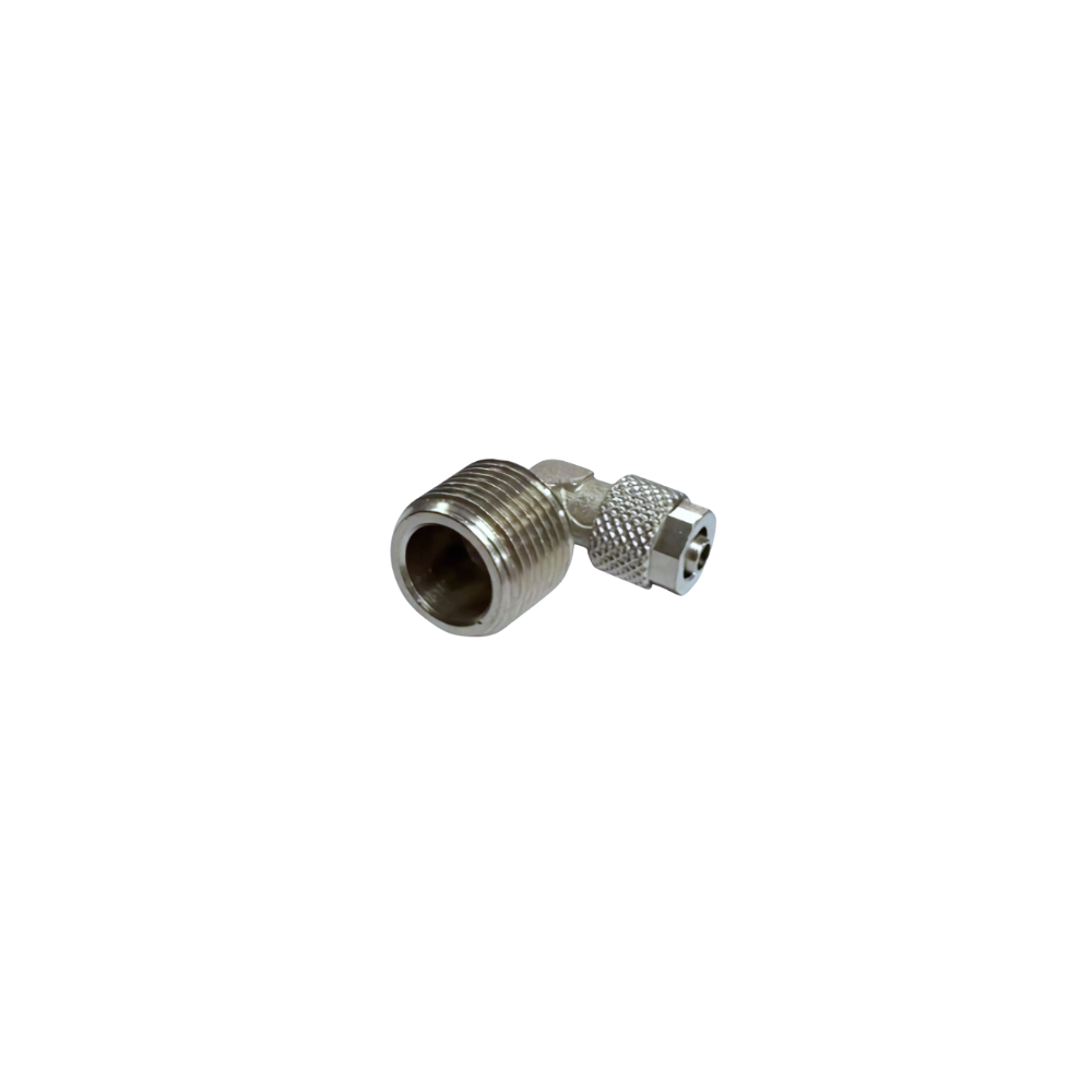Silver Nickel Male Threaded Elbow Fitting on a white background