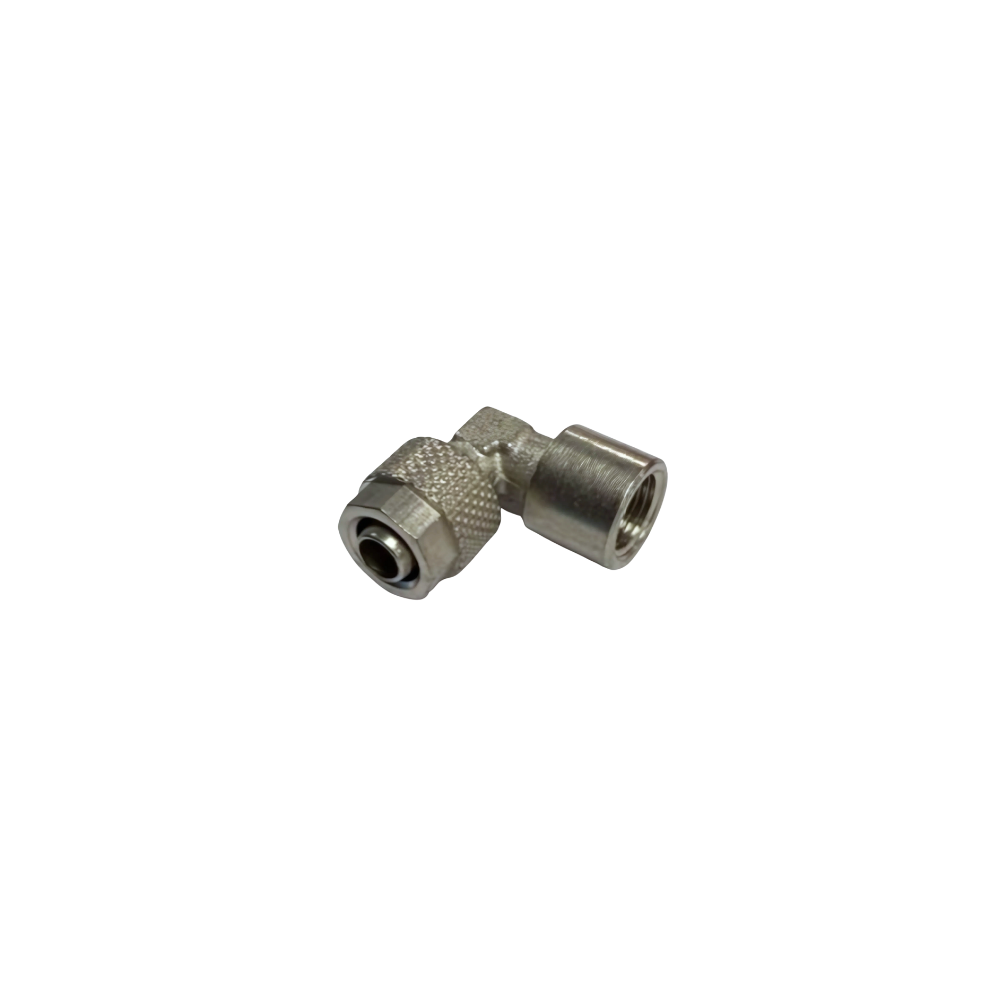 Silver Nickel Female Threaded Elbow Fitting on a white background