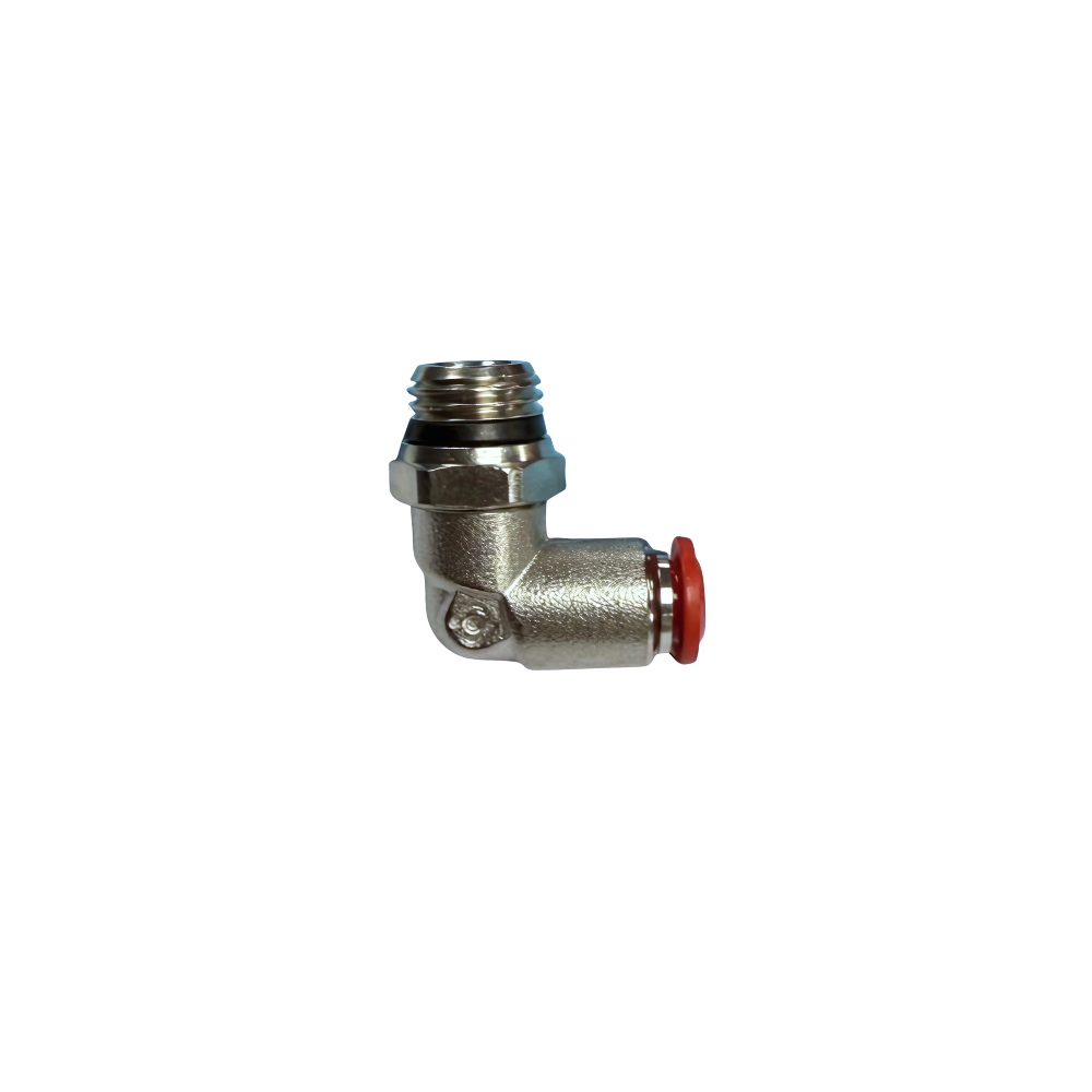Silver Nickel Male Threaded Push On Elbow Fitting with plastic sleeve on a white background