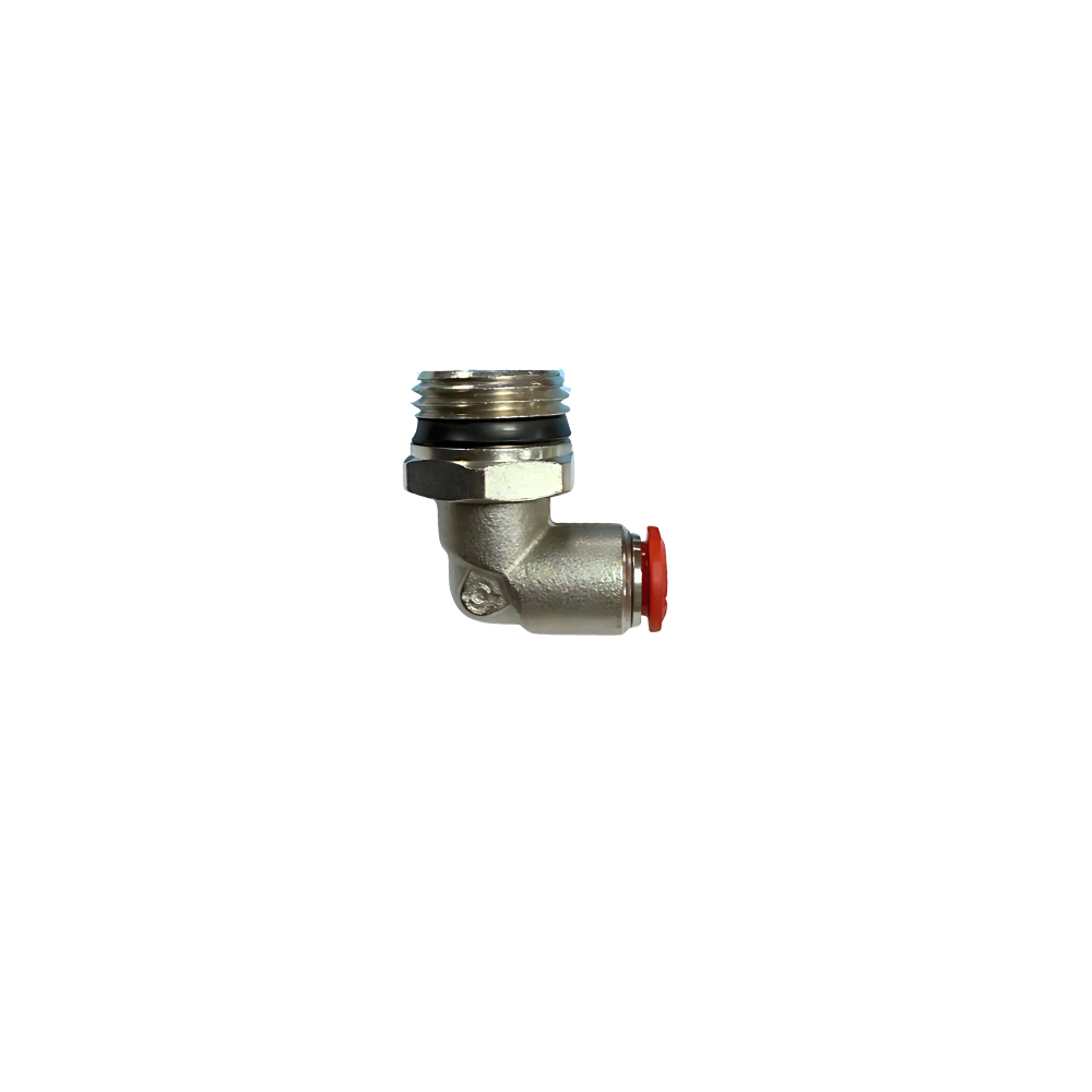 Silver Nickel Male Threaded Push On Elbow Fitting with plastic sleeve on a white background