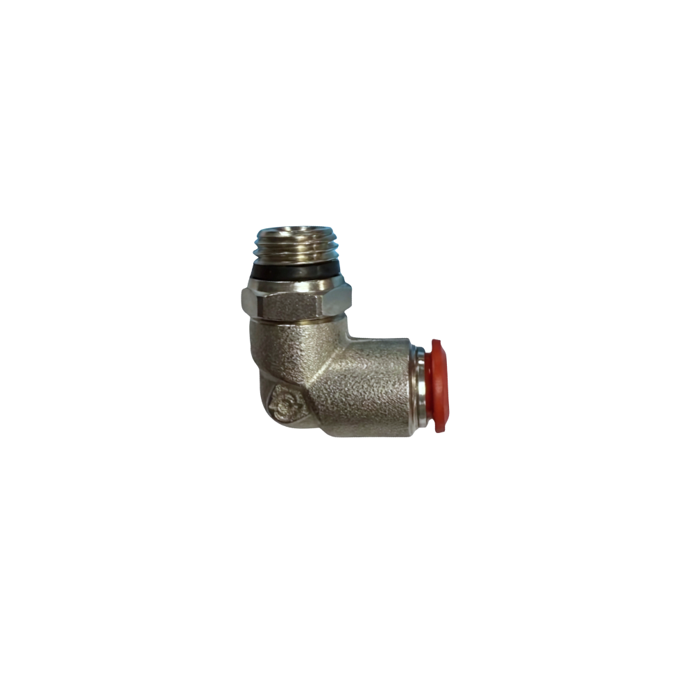 Silver Nickel Male Threaded Push On Elbow Fitting with plastic sleeve on a white background