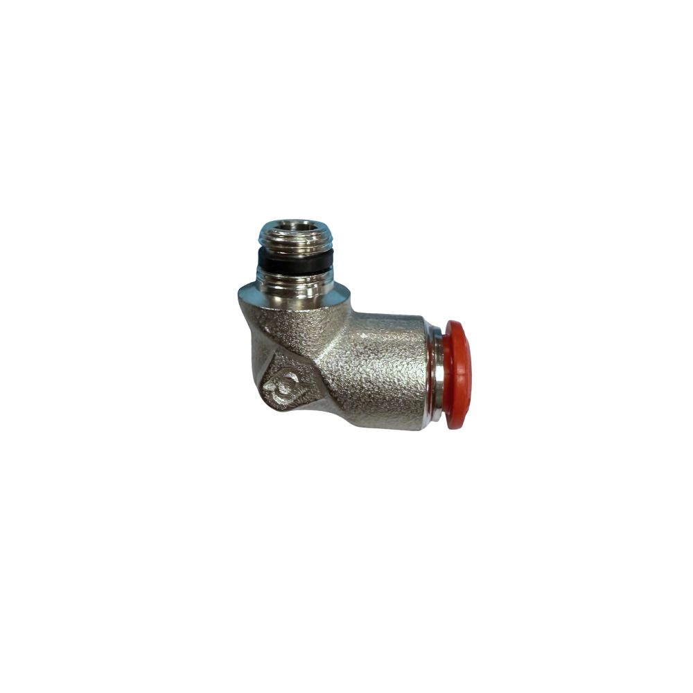 Silver Nickel Male Threaded Push On Elbow Fitting with plastic sleeve on a white background