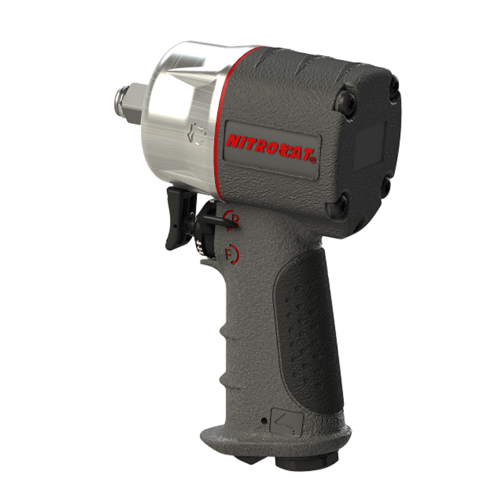 Black and silver compact impact wrench with red highlights on a white background