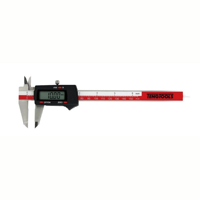 Teng Tools Digital Caliper with red, white and silver detailing, digital reader on the side, on a white background