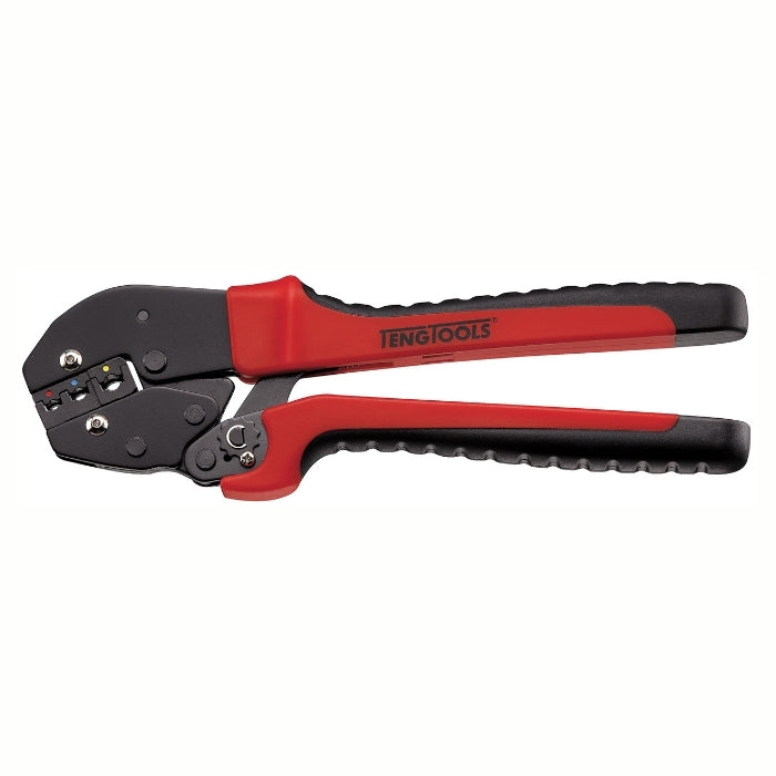 Teng Tools Ratcheting Crimping Pliers with red and black handle, on a whtite background