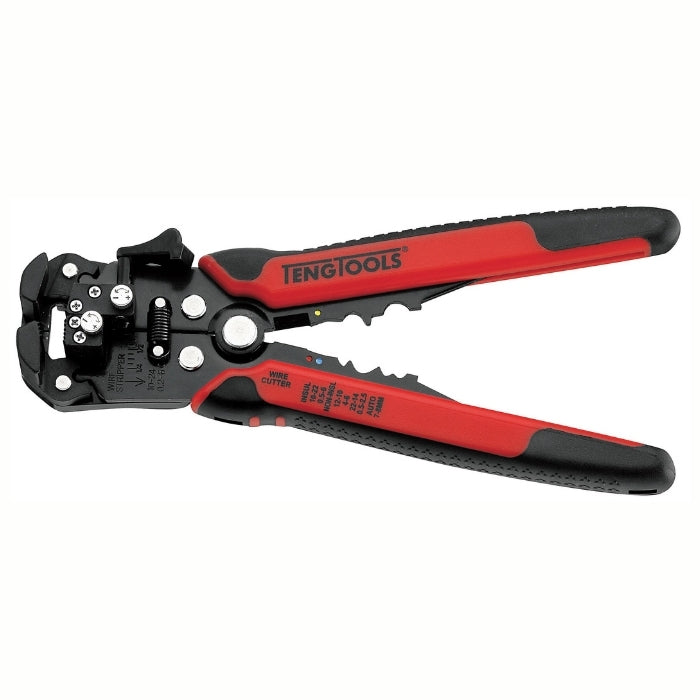 Red and Black Teng Tools Wire Stripping Pliers with logo on the side, on a white background