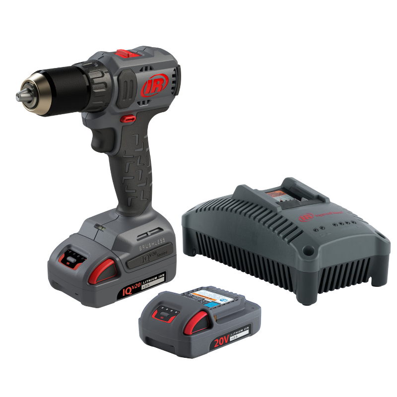 Grey and Black Ingersoll Rand Power Drill, with red logo and detailing, with a battery and charger on a white background
