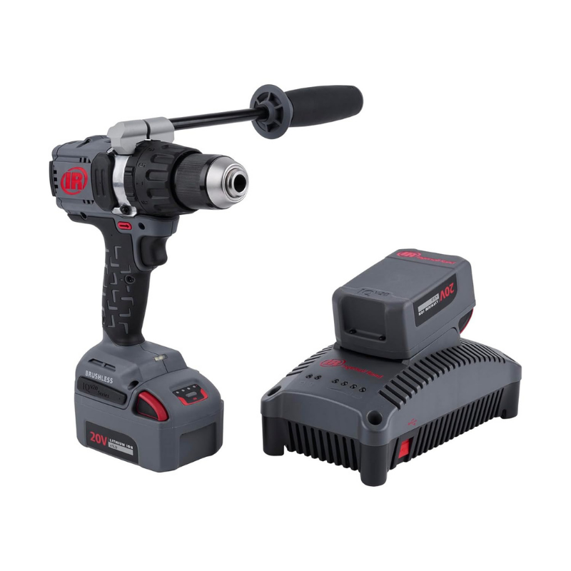 Grey and Black Ingersoll Rand Power Drill, with red logo and detailing, with a battery and charger on a white background