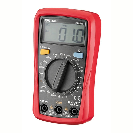 Red and Black Teng Tools Digital Multimeter, screen is showing measurements, bare tool on a white background