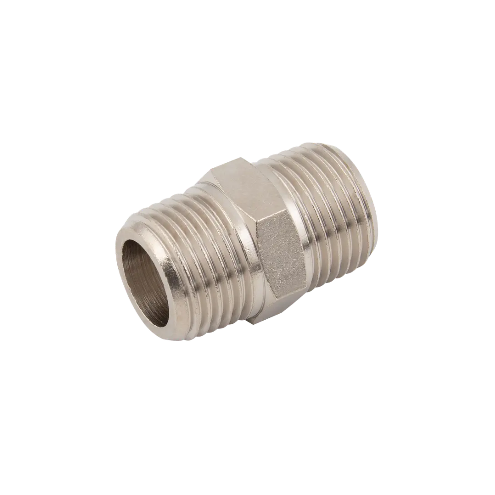 Silver Nickel Male Threaded Hex Nipple Fitting on a white background