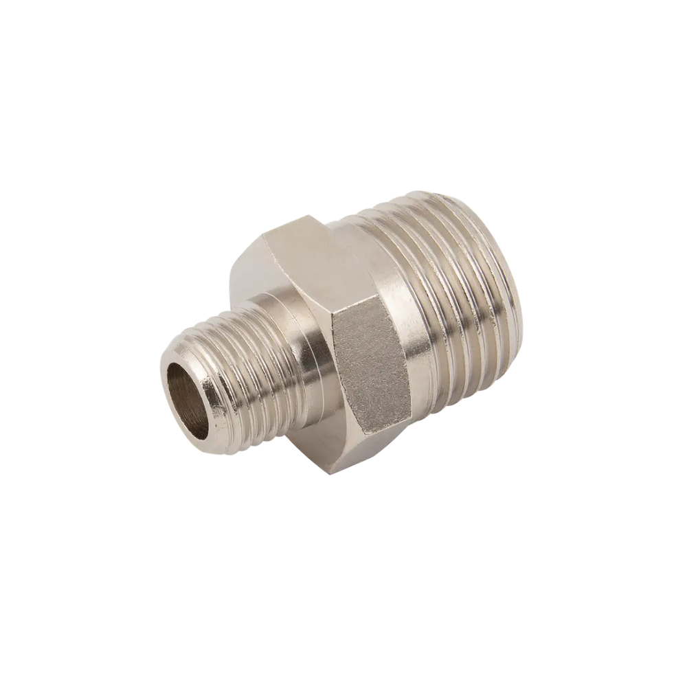 Silver Nickel Male Threaded Hex Nipple Fitting on a white background