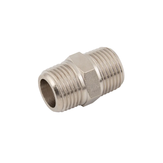 Silver Nickel Male Threaded Hex Nipple Fitting on a white background