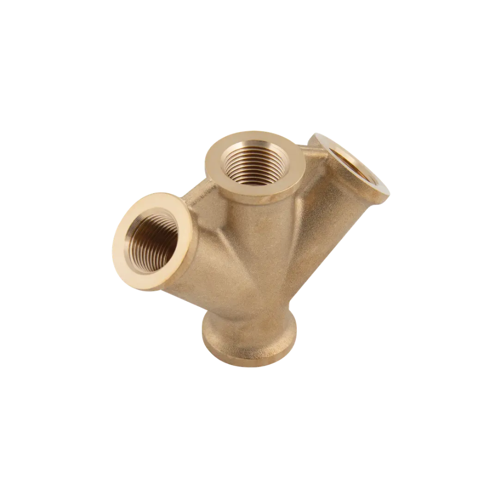 Gold Brass Female Triple Outlet Fitting on a white background