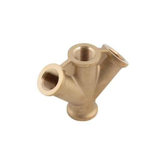 Gold Brass Female Triple Outlet Fitting on a white background