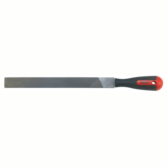 Teng Tools Hand File with red and black handle and engraving of tool details on the side, on a white background