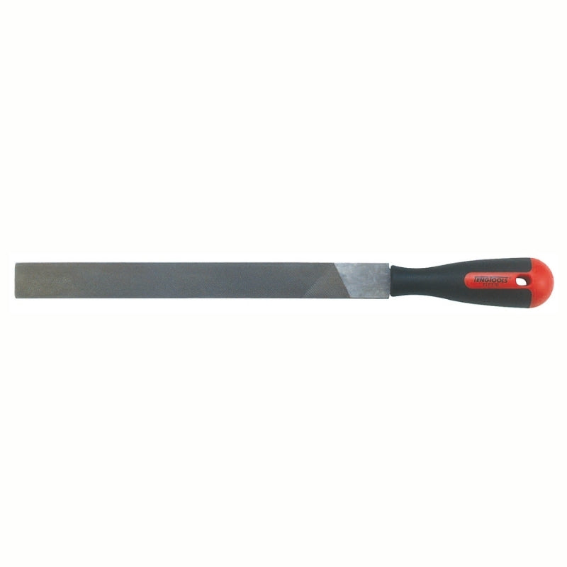Teng Tools Hand File with red and black handle and engraving of tool details on the side,
