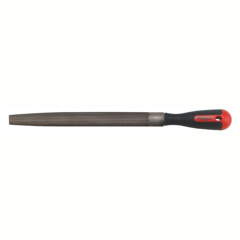 Teng Tools Hand File with red and black handle and engraving of tool details on the side,