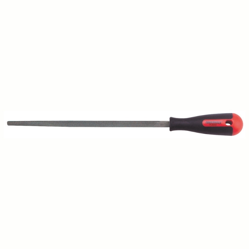 Teng Tools Hand File with red and black handle and engraving of tool details on the side, on a white background