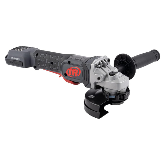 Grey and Silver Ingersoll Rand Angle Grinder with red logo on the side, on a white background