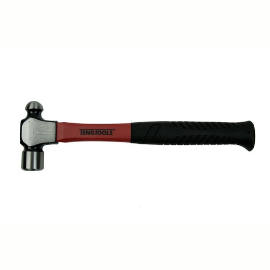 Teng Tools Ball Pein Hammer with red and black handle and engraving of tool details on the side, on a white background