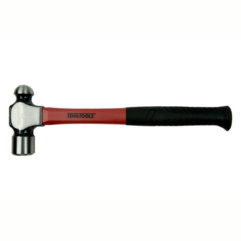 Teng Tools Ball Pein Hammer with red and black handle and engraving of tool details on the side, on a white background