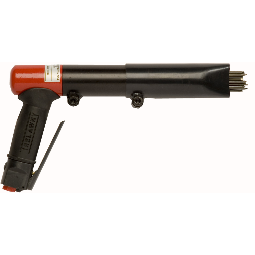 Side angle view black and red needle scaler on a white background