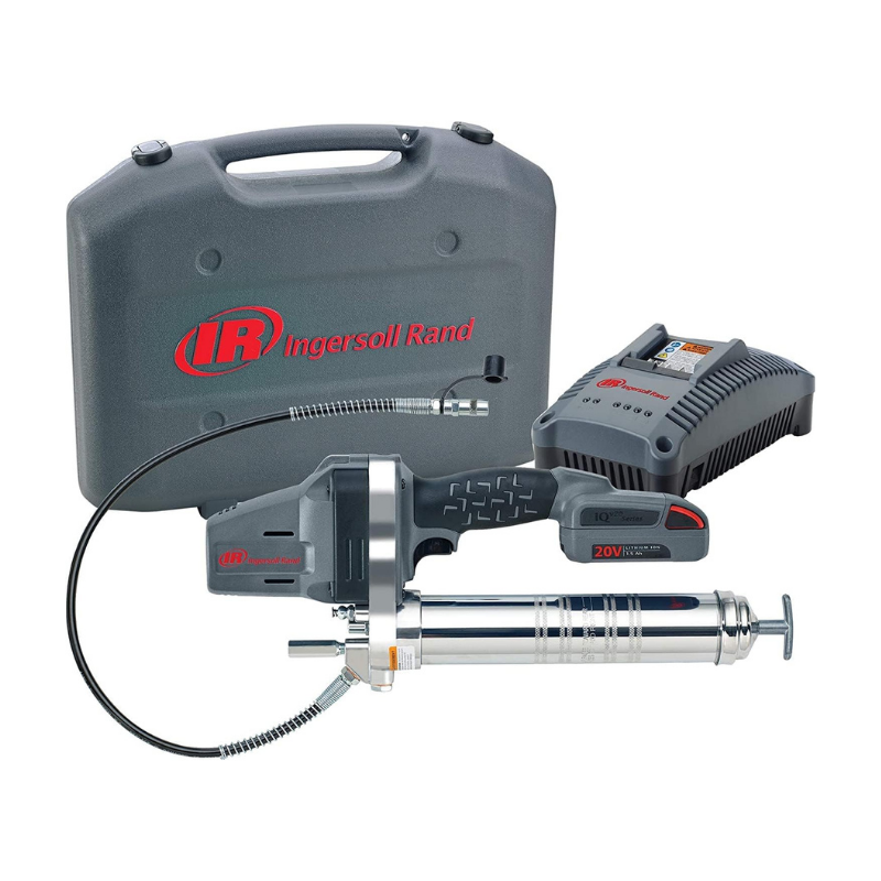 Grey Ingersoll Rand Grease Gun with red detaling and logos, with carry case, battey pack and charger on a white background