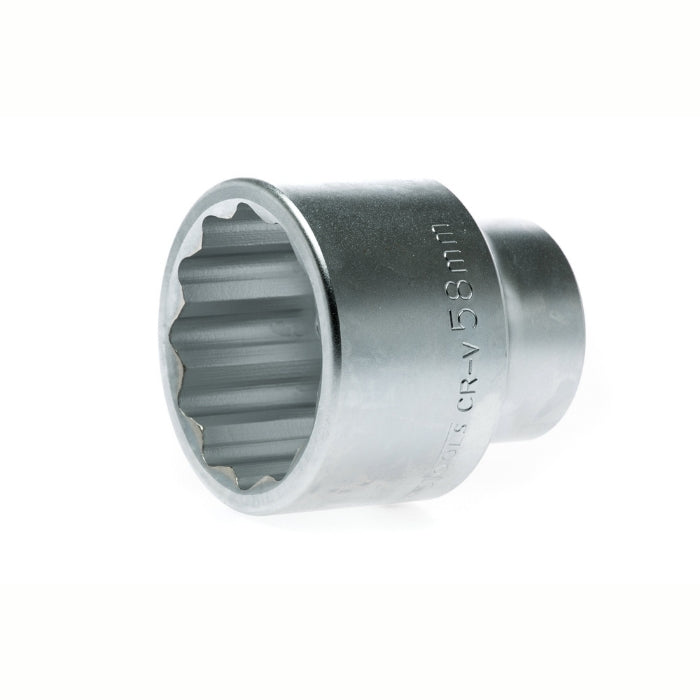 Silver Teng Tools 1" Socket 12 Point with engraving of tool details on the side, bare tool on a white background