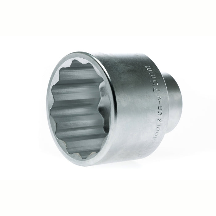 Silver Teng Tools 1" Socket 12 Point with engraving of tool details on the side, bare tool on a white background