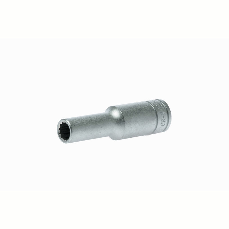 Silver Teng Tools 1/2" Deep Socket 12 Point with engraving of tool details on the side, bare tool on a white background