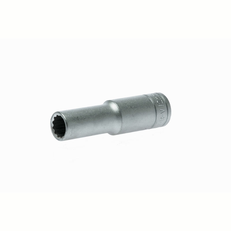Silver Teng Tools 1/2" Deep Socket 12 Point with engraving of tool details on the side, bare tool on a white background
