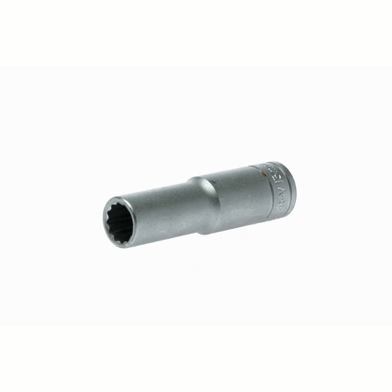 Silver Teng Tools 1/2" Deep Socket 12 Point with engraving of tool details on the side, bare tool on a white background