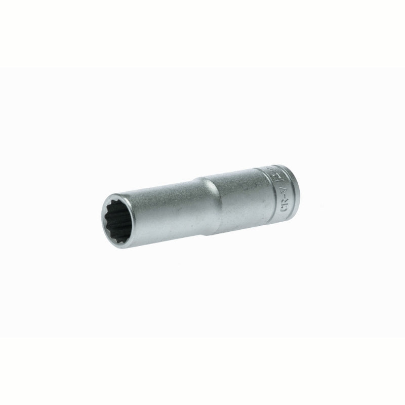 Silver Teng Tools 1/2" Deep Socket 12 Point with engraving of tool details on the side, bare tool on a white background