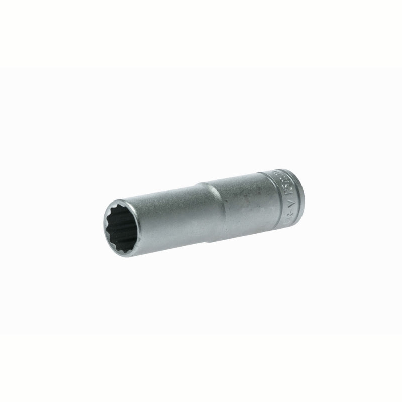 Silver Teng Tools 1/2" Deep Socket 12 Point with engraving of tool details on the side, bare tool on a white background