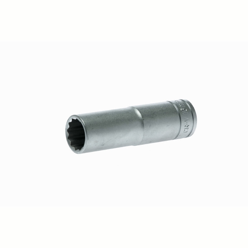 Silver Teng Tools 1/2" Deep Socket 12 Point with engraving of tool details on the side, bare tool on a white background