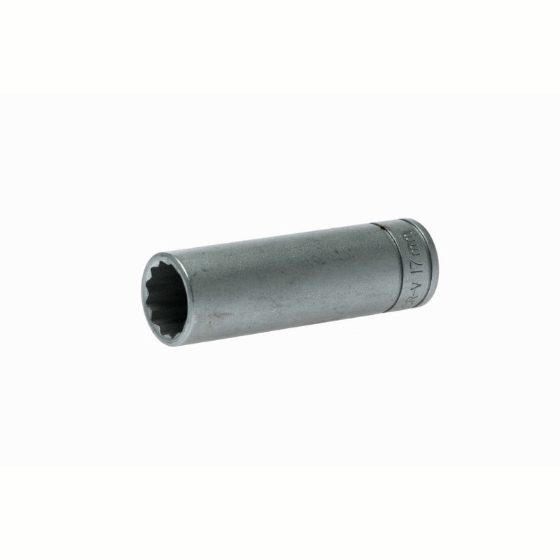Silver Teng Tools 1/2" Deep Socket 12 Point with engraving of tool details on the side, bare tool on a white background