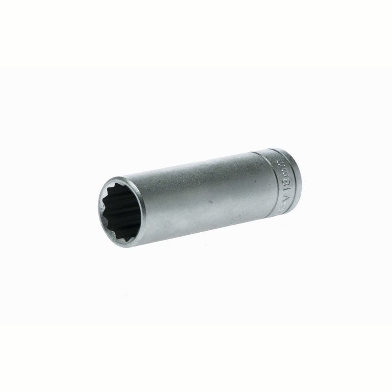 Silver Teng Tools 1/2" Deep Socket 12 Point with engraving of tool details on the side, bare tool on a white background