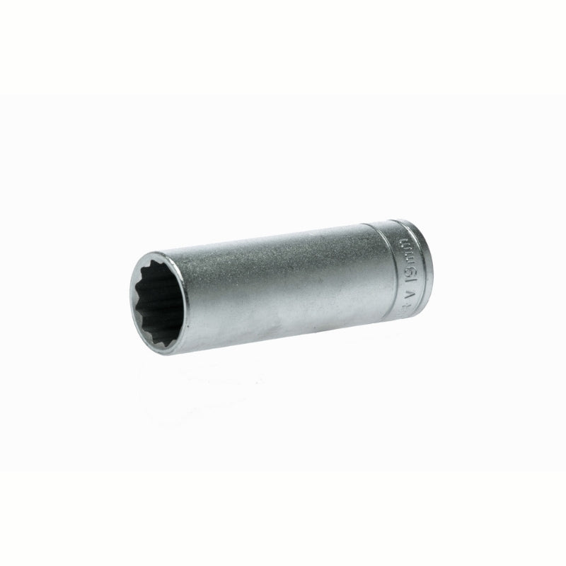 Silver Teng Tools 1/2" Deep Socket 12 Point with engraving of tool details on the side, bare tool on a white background