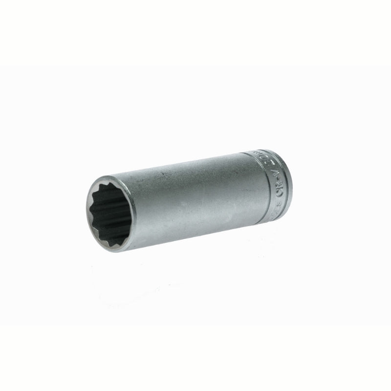 Silver Teng Tools 1/2" Deep Socket 12 Point with engraving of tool details on the side, bare tool on a white background