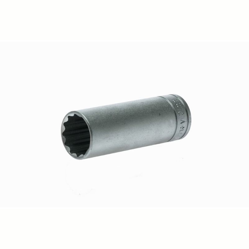 Silver Teng Tools 1/2" Deep Socket 12 Point with engraving of tool details on the side, bare tool on a white background