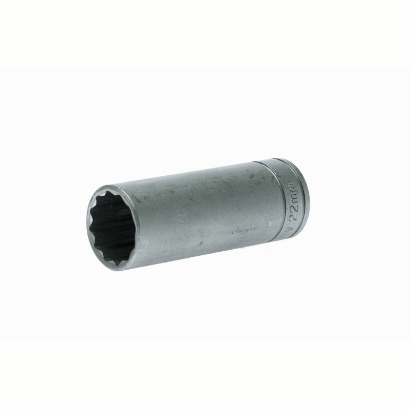 Silver Teng Tools 1/2" Deep Socket 12 Point with engraving of tool details on the side, bare tool on a white background