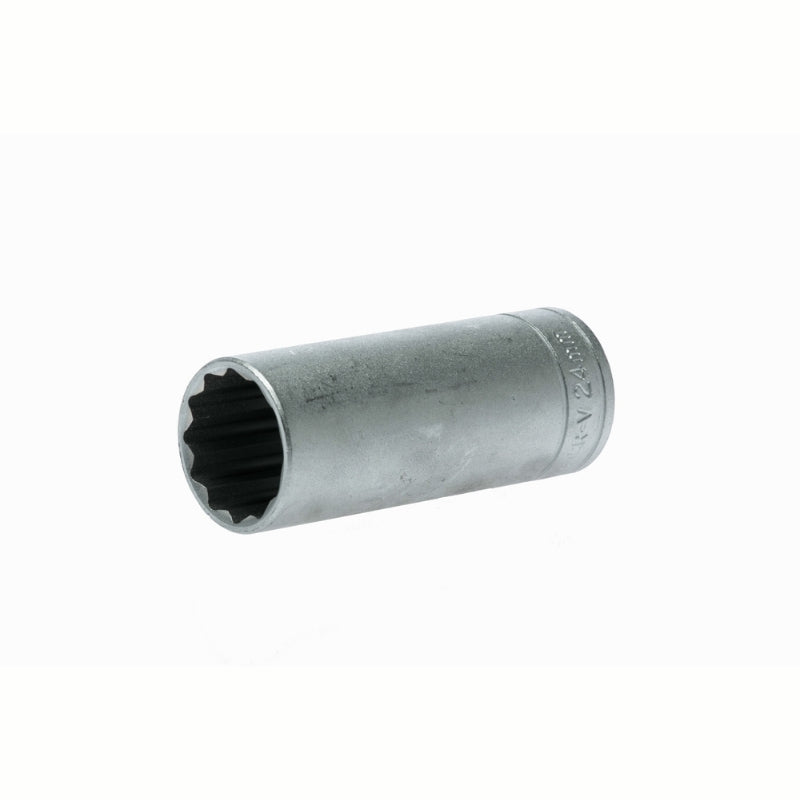 Silver Teng Tools 1/2" Deep Socket 12 Point with engraving of tool details on the side, bare tool on a white background