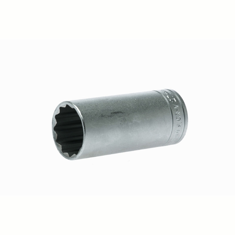 Silver Teng Tools 1/2" Deep Socket 12 Point with engraving of tool details on the side, bare tool on a white background
